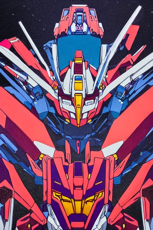 Prompt: risograph grainy painting of gigantic huge evangelion - like gundam mech face, with huge earrings and rings around head with a lot of details, covered with rich jewelry, by moebius and dirk dzimirsky and satisho kon, close - up wide portrait