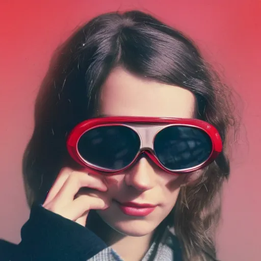 Prompt: analog closeup of a beautiful young woman wearing large aviator goggles, clouds in the background, warm tones, red color bleed, film grain