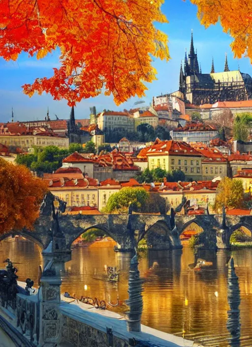 Prompt: painting of beautiful shot of Royal medieval European city like Prague mixed with Istanbul like Islamic architecture with greenery all around , autumn colors