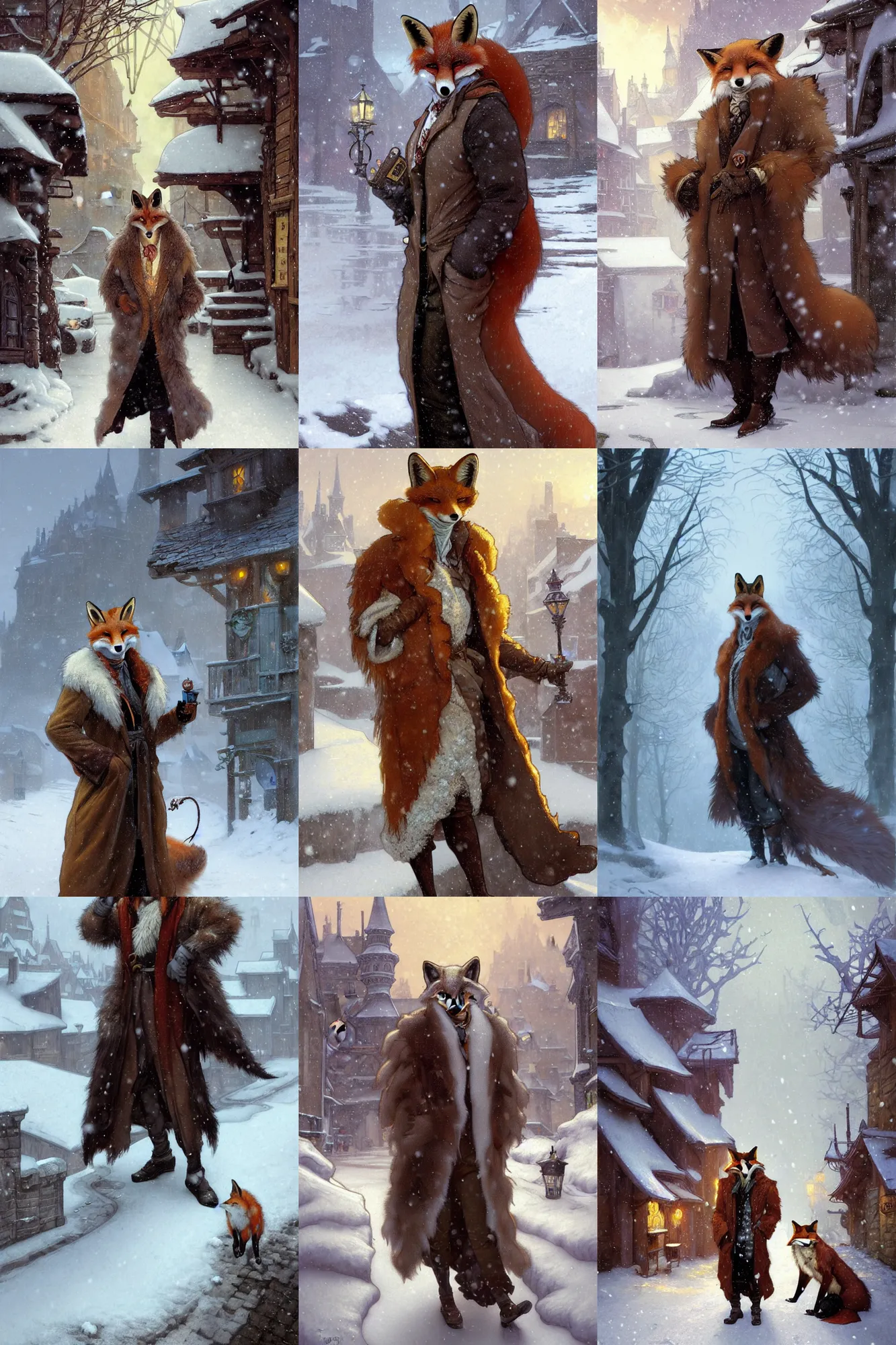 Prompt: an anthropomorphic fox man wearing a long fur coat in a snowy village, character illustration by greg rutkowski, thomas kinkade, alphonse mucha, Bastien Lecouffe-Deharme