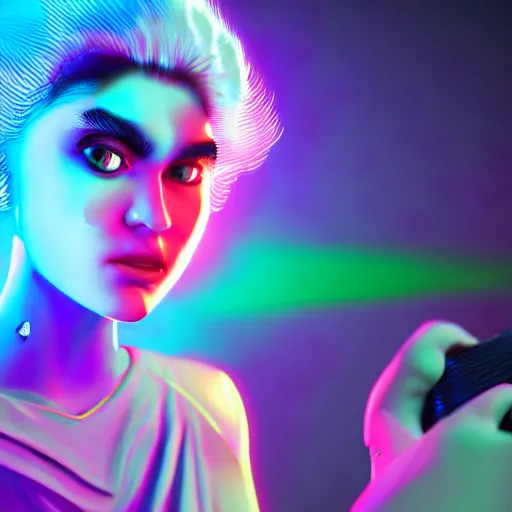 Image similar to grimes on stage djing, volumetric neon lights in the background, gleaming, 3 5 mm photography, portrait!!!!!!, trending on artstation, 4 k, 8 k, zbrush, mannerism