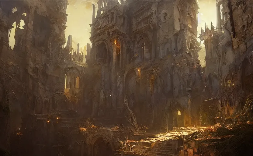 Image similar to a demonic magical ethereal portal to hell. in a medieval fantasy mediterranean town. matte painting by eddie mendoza and eytan _ zana