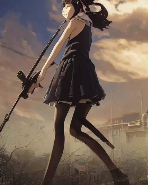 Prompt: insanely detailed. by wlop, ilya kuvshinov, makoto shinkai, greg rutkowski, sakimichan. zbrush sculpt, octane, maya, houdini, vfx. closeup gorgeous attractive young cg anime teen kid schoolgirl, holding a rifle, near utility poles at middle east, in luxury advertisement. cinematic dramatic atmosphere, sharp focus, volumetric lighting