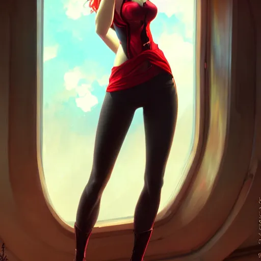 Prompt: seductive anime girlnas Scarlet Johanson Black widow l, hourglass slim figure, red hair hair, attractive features, tight fitted tank top, body portrait, slight smile, highly detailed, digital painting, artstation, concept art, sharp focus, illustration, art by WLOP and greg rutkowski and alphonse mucha and artgerm