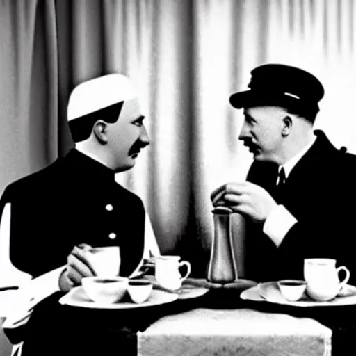 Image similar to a photo of hitler take tea with a muslim, photorealistic, realism, black and white