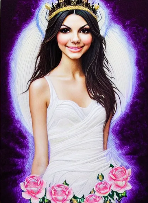 Image similar to a sewn thin thread image of Victoria Justice as the goddess of white roses on velvet. ultra detailed painting at 16K resolution and amazingly epic visuals. epically beautiful image. amazing effect, image looks gorgeously crisp as far as it's visual fidelity goes, absolutely outstanding. vivid clarity. ultra. iridescent. mind-breaking. mega-beautiful pencil shadowing. beautiful face. Ultra High Definition. godly shading. amazingly crisp sharpness. photorealistic film cel processed twice..