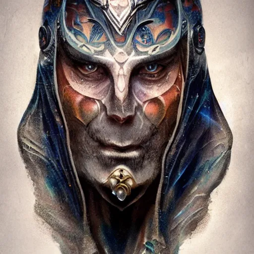 Image similar to an Artstation 3d render of Very very very very highly detailed beautiful mystic portrait of a phantom warrior with galaxy, tattoos by Anton Pieck, intricate, extremely detailed, digital painting, artstation, concept art, smooth, sharp focus, illustration, intimidating lighting, incredible art,