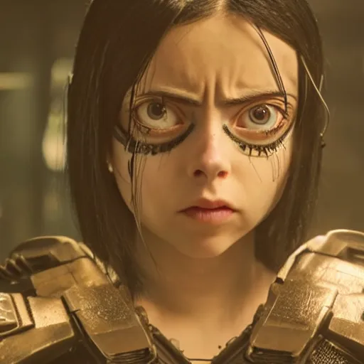 Image similar to Billie Eilish as Alita in Alita:Battle Angel, Film Still, 35mm dramatic lighting, cinematic, deep focus, styleframe,