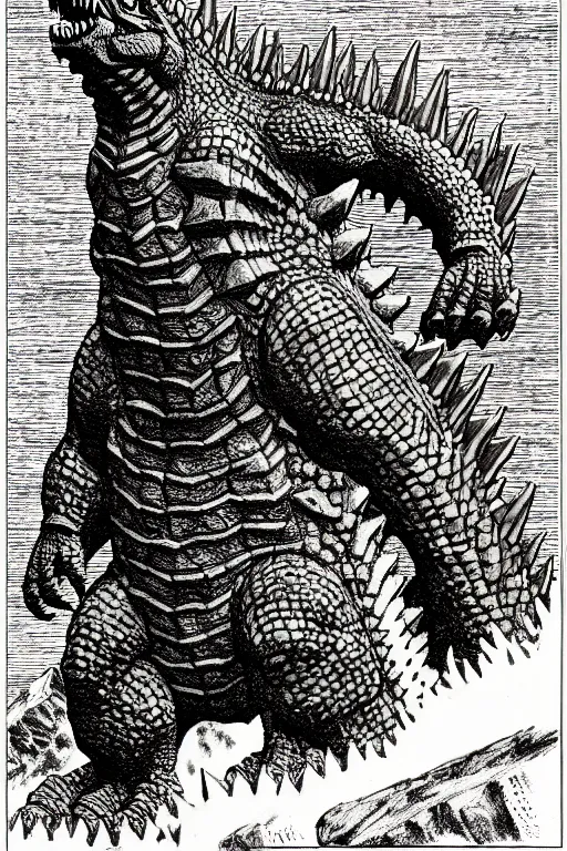 Image similar to godzilla as a d & d monster, full body, pen - and - ink illustration, etching, by russ nicholson, david a trampier, larry elmore, 1 9 8 1, hq scan, intricate details, inside stylized border