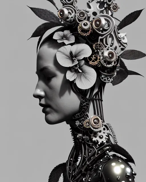 Image similar to monochrome 3 d model, steampunk biomechanical beautiful young female cyborg with porcelain profile face and a big floral eye, volumetric light, leaves foliage and stems, hibiscus flowers, boho floral vines, sinuous fine roots, fine foliage lace, alexander mcqueen, rim light, big gothic fashion pearl embroidered collar, octane render, 8 k