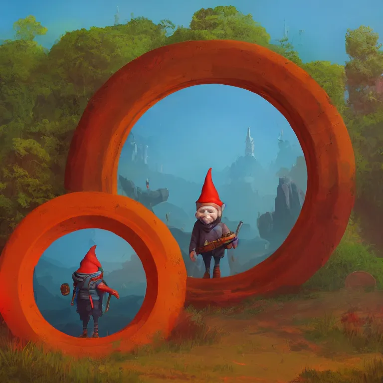 Image similar to a gnome standing in front of a circular portal, open to a red world. Detailed digital matte painting in the style of simon stalenhag