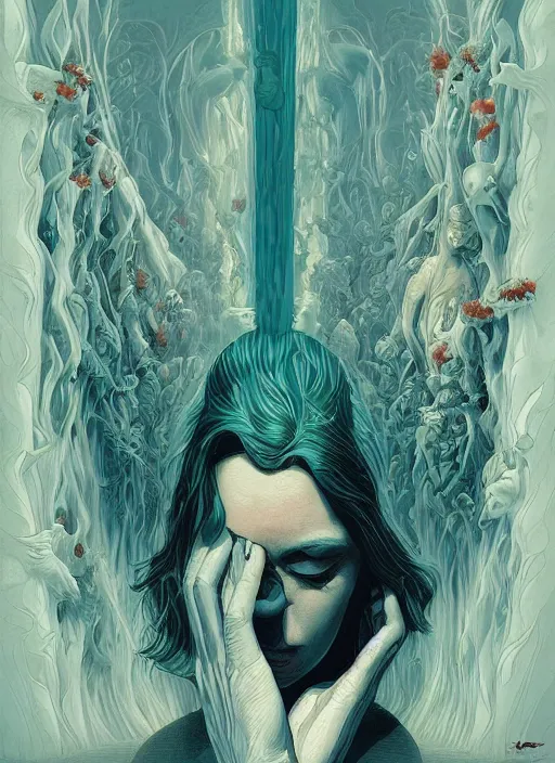 Image similar to poster artwork by Michael Whelan and Tomer Hanuka, Karol Bak of A warped understanding of the wake of its last pained memory, yet quite raw like that same wound that holy water never closed up, from scene from Twin Peaks, clean, simple illustration, nostalgic, domestic, full of details