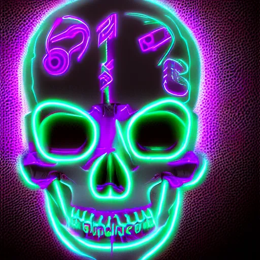 Prompt: cybernetic organism human scull with with horns blue neon light and smoke and purple lighting