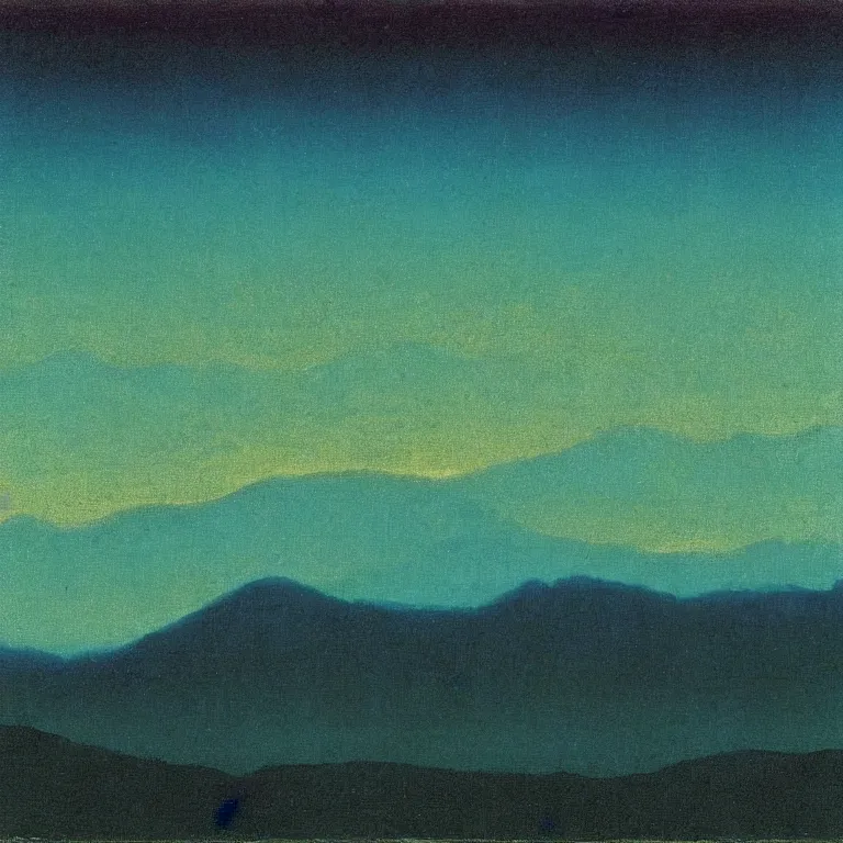 Prompt: caucaus mountains at night bathed painted by christian mystic arkhip kuindzhi with a teal palette