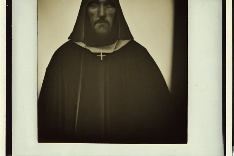 Image similar to dark old polaroid of an medieval bishop, wide angle