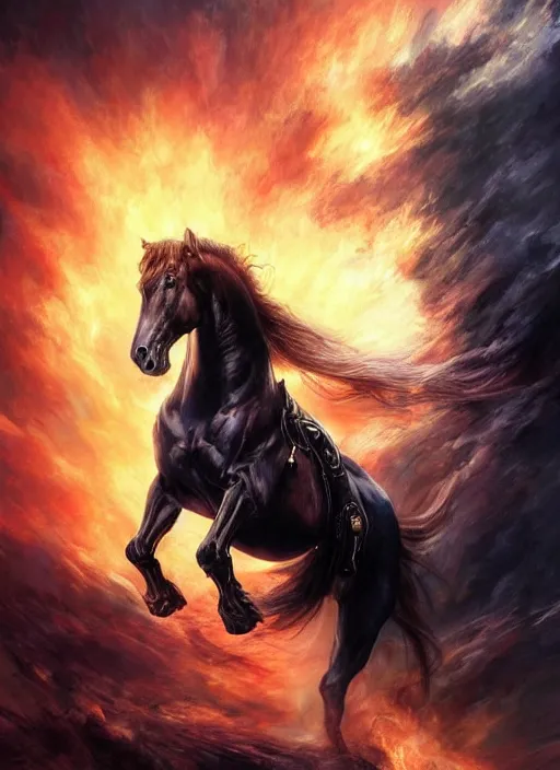 Image similar to the first horseman of the apocalypse riding a strong big black stallion, horse is running, the rider carries a the scales of justice, flames from the ground, artwork by artgerm and rutkowski, breathtaking, dramatic, full view