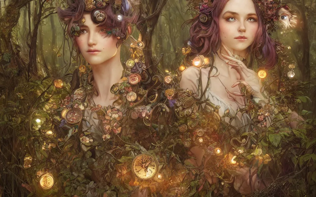 Image similar to ultra realistic illustration of steampunk magical fairy, forest, fantasy, lenses, colorful lights, intricate, elegant, highly detailed, digital painting, artstation, concept art, smooth, sharp focus, illustration, art by artgerm and greg rutkowski and alphonse mucha