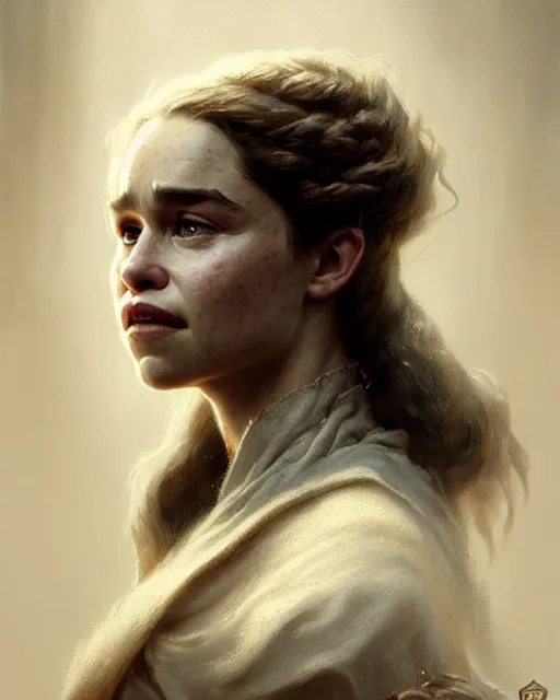 Image similar to emilia clarke, character portrait, portrait, close up, concept art, intricate details, highly detailed by greg rutkowski, michael whelan and gustave dore