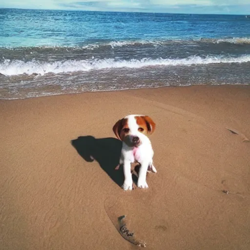 Prompt: a beach with a puppy on it