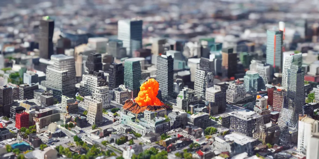 Prompt: a miniature diorama of downtown montreal with volcano mount - royal erupting, olympic stadium on fire, macro photography, tilt shift