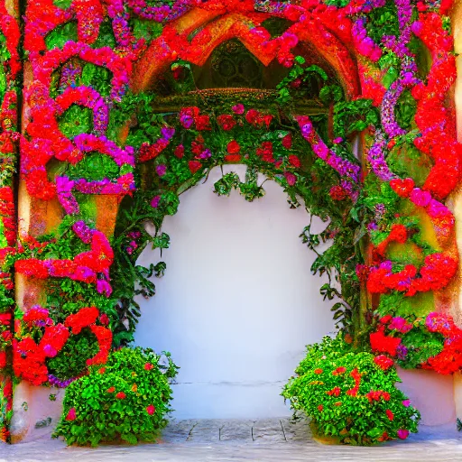 Image similar to surrealist andalusian patio with white tall arches, beautiful roses flowers and ropes on the walls, fountain inside, sunny vivid light, colorful composition, photographic details wide lens, intricate details