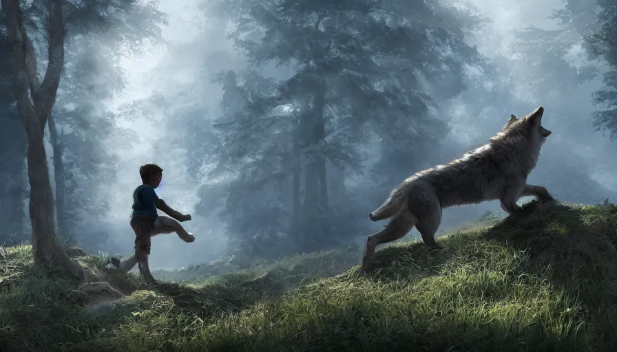 Image similar to a young boy climbing a hill to reach his friend the wolf, volumetric light, hyperdetailed, artstation, cgsociety, 8 k