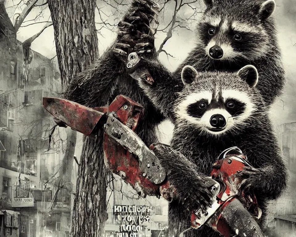 Image similar to a horror movie poster featuring a giant raccoon with a chainsaw