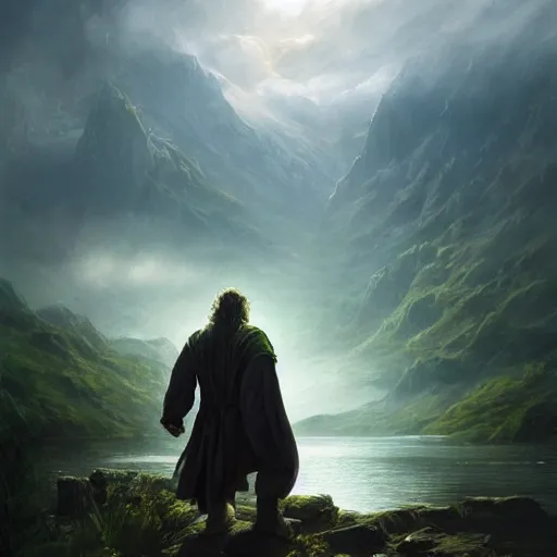 Image similar to the hulk starring as gandalf in lord of the rings, beautiful, serene colors, lake background, complimentary contrast, dramatic lighting, masterpiece, high contrast, painted by stanley lau, painted by greg rutkowski, painted by stanley artgerm, digital art, trending on artstation