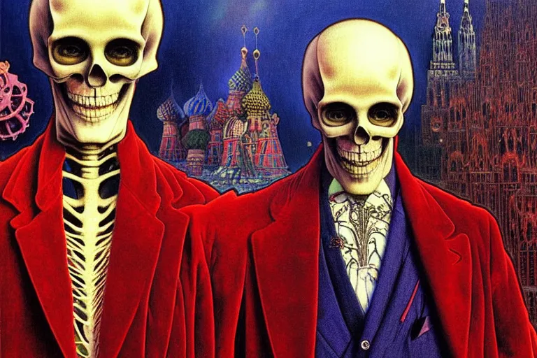 Prompt: realistic detailed closeup portrait painting of a single skeleton wearing red velvet blazer in a crowded futuristic moscow street by jean delville, amano, yves tanguy, alphonse mucha, ernst haeckel, edward robert hughes, roger dean, rich moody colours, blue eyes