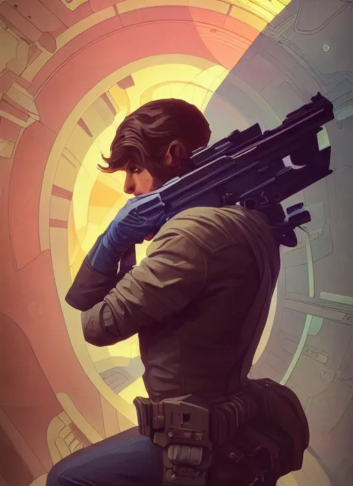 Prompt: side profile centered portrait, man with a gun, a spaceship in the background, by artgerm, cushart krenz, jame jean art, storyboard, west world show, mucha. art nouveau. gloomhaven, swirly vibrant ripples, gaudy colors, sharp edges. poster, 8 k. elegant, intricate, octane render