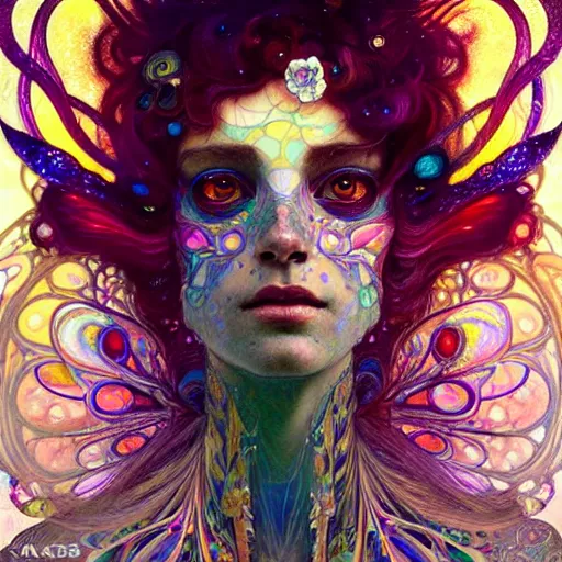 Image similar to An extremely psychedelic portrait of a fairy made of crystals, surreal, colorful, face, detailed, intricate, elegant, lithe, highly detailed, digital painting, artstation, concept art, smooth, sharp focus, illustration, art by Krenz Cushart and Artem Demura and alphonse mucha