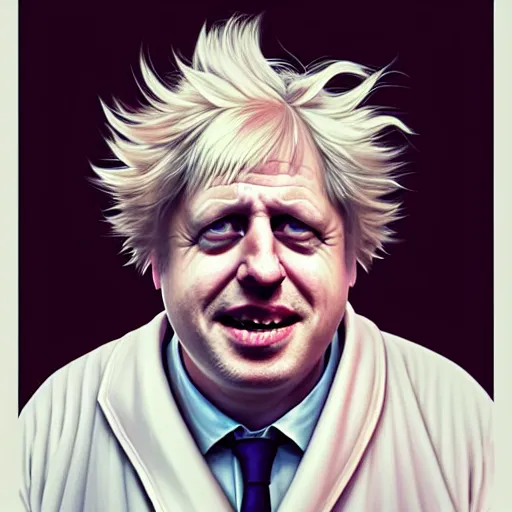 Image similar to Boris Johnson as a kind smiling Rick Sanchez from Rick and Morty, unibrow, white robe, big eyes, realistic cosplay, symmetrical, highly detailed, digital painting, artstation, concept art, smooth, sharp focus, illustration, cinematic lighting, art by artgerm and greg rutkowski and alphonse mucha