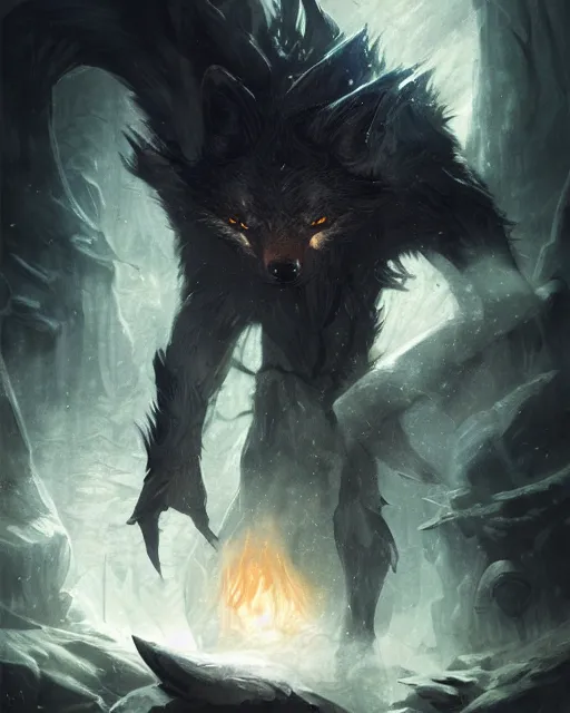 Image similar to Dark Wolf Mage, spell, fog, potion, magic the gathering artwork, D&D, fantasy, cinematic lighting, centered, symmetrical, highly detailed, digital painting, artstation, concept art, smooth, sharp focus, illustration, volumetric lighting, epic Composition, 8k, art by Akihiko Yoshida and Greg Rutkowski and Craig Mullins, oil painting, cgsociety