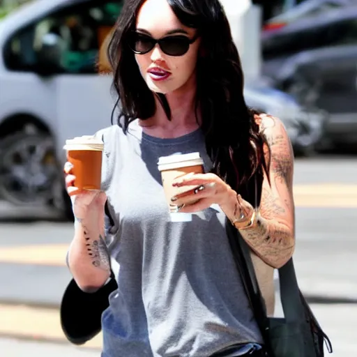 Prompt: Megan fox at Starbucks holding a tumbler