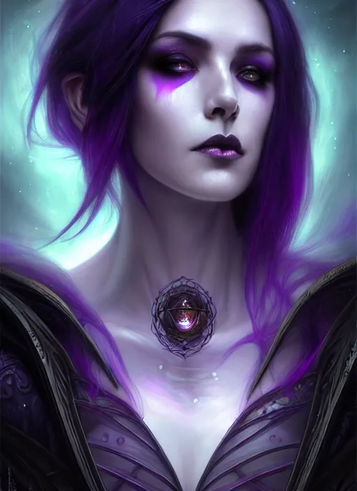 Image similar to a beautiful cinematic female Necromancer Sorceress, galatic shamen with Quantum energy fantasy, fantasy magic, short purple black fade hair, undercut hairstyle, dark light night, intricate, elegant, sharp focus, illustration, highly detailed, digital painting, concept art, matte, art by WLOP and Artgerm and Greg Rutkowski and Alphonse Mucha, masterpiece