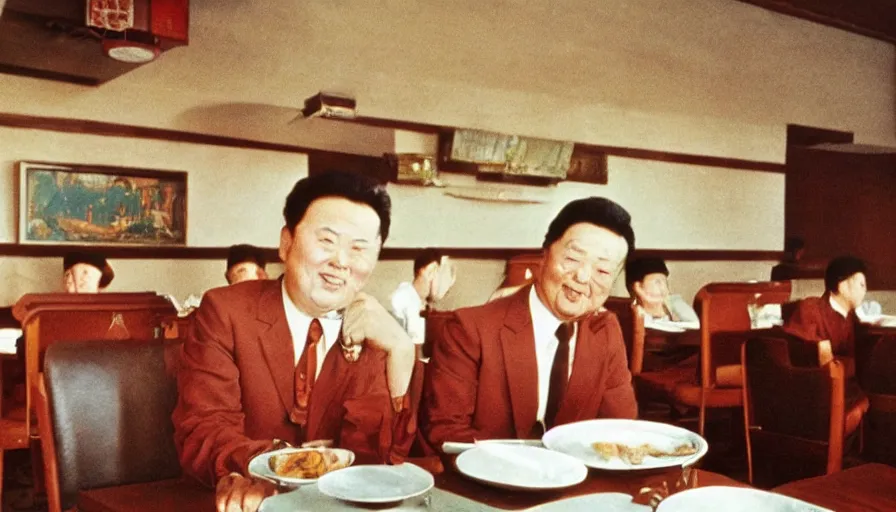 Image similar to 70s movie still of north-korean restaurant palace with kim il-sung portrait, eastmancolor, heavy grain, high quality, higly detailed