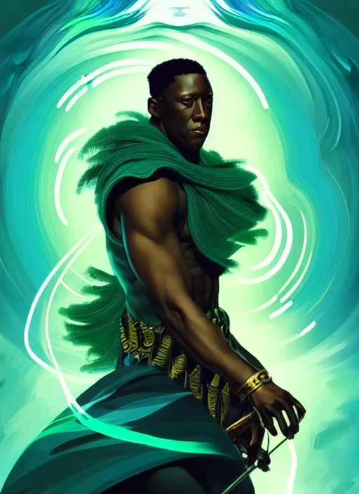 Image similar to style artgerm, joshua middleton, illustration, wesley snipes as a warrior monk wearing green pelt light armor, blue hair, swirling water cosmos, fantasy, dnd, cinematic lighting