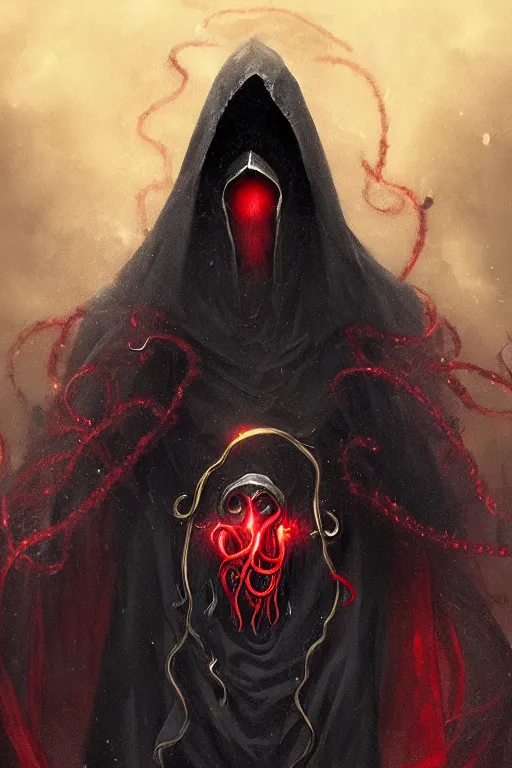 Image similar to A full body portrait of a mysterious character with no face with a very long hooded blood red and black cloak, a golden crown floating above his head tentacles coming out the ground art by James Paick, and Shaddy Safadi, ominous, cosmic horror, trending on artstation, Ultra detailed, hyper realistic 4k