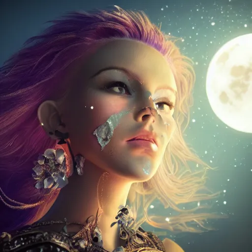 Prompt: portrait of moon witch, beautiful, attractive, glowing, jaw dropping, magical, dynamic lighting, dark, menacing, 4 k, octane render, age 2 0, background moon, intricate and ornate