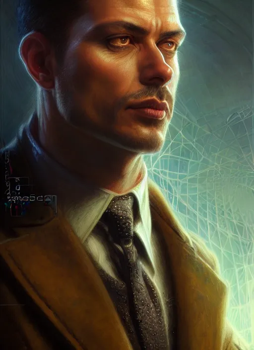 Prompt: closeup portrait shot of a male detective in a scenic cyberpunk environment, intricate, elegant, highly detailed, centered, digital painting, artstation, concept art, smooth, sharp focus, illustration, artgerm, tomasz alen kopera, peter mohrbacher, donato giancola, joseph christian leyendecker, wlop, boris vallejo