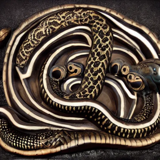 Image similar to serpent king : : grubby, volatile, highly detailed, maximalist : : obsidian carving : :