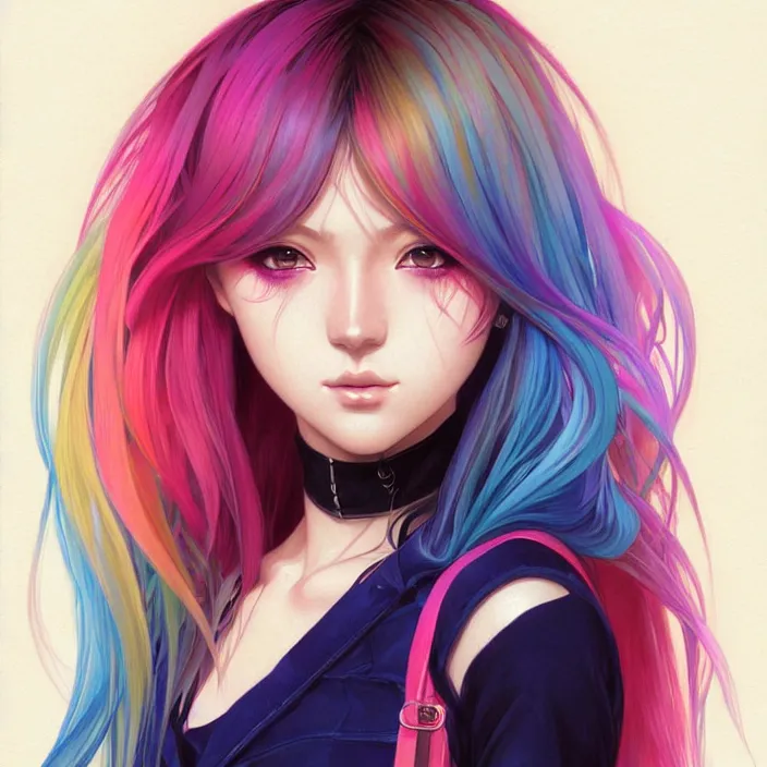 Image similar to half body portrait of beautiful symmetrical anime girl, rainbow hair, attractive, casual, modern, victoria's secret, highly detailed, digital painting, artstation, concept art, smooth, sharp focus, illustration, art by moebius, artgerm, greg rutkowski and alphonse mucha, 8 k,