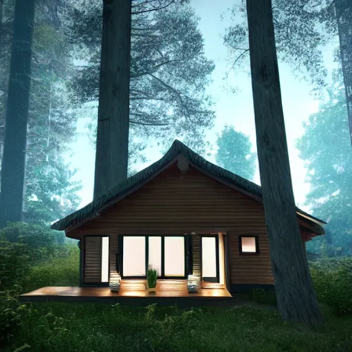 Image similar to a ultra realistic blue lightning arc over a cabin in the wood. complex, highly detailed, unreal engine 5, 8 k render