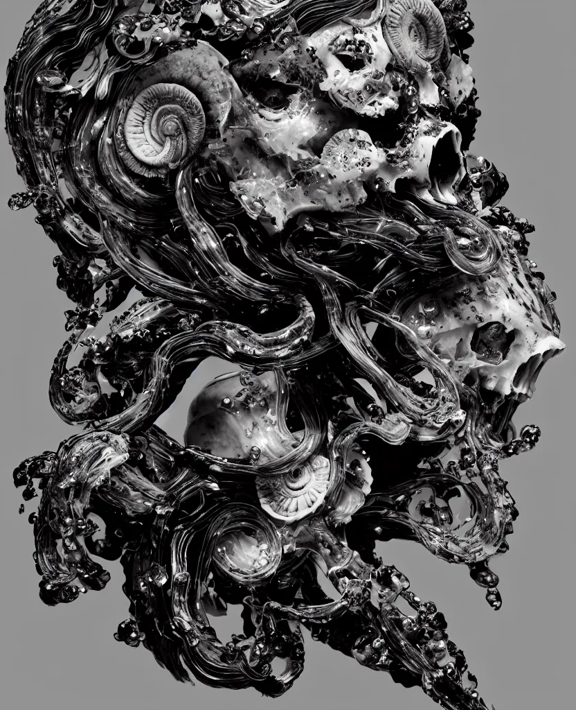 Image similar to goddess princess face close-up portrait ram skull. sculpture made of black obsidian. jellyfish phoenix head, nautilus, orchid, skull, betta fish, bioluminiscent creatures, intricate artwork by Tooth Wu and wlop and beeple. octane render, trending on artstation, greg rutkowski very coherent symmetrical artwork. cinematic, hyper realism, high detail, octane render, 8k