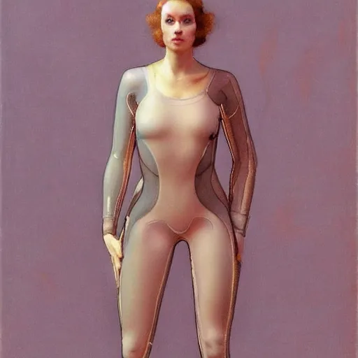 Prompt: full body portrait of a beautiful woman with a perfect face and body wearing a transparent plastic skin tight jumpsuit with circular cutouts, Edgar Maxence and Ross Tran and Michael Whelan and Gustav Klimpt