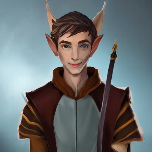 Prompt: An adolescent male half-elf wizard, focus on face, tall, slim, short brown hair, smiling, wizard robes, staff, sharp focus, highly detailed, photograph, still, cinematic, dynamic lighting, trending on artstation, digital painting, in the style of Chris Ostrowski