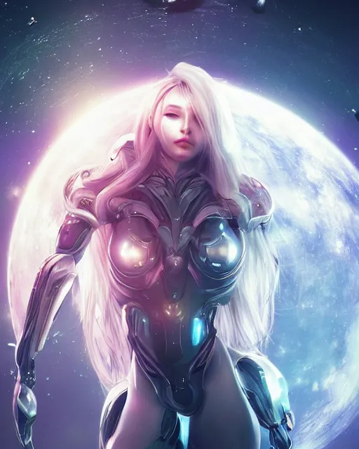 Image similar to photo of a beautiful girl on a mothership, android, warframe armor, pretty face, scifi, futuristic, galaxy, raytracing, dreamy, perfect!!!, cosmic wind, pure, long white hair, blue cyborg eyes, glow, insanely detailed, artstation, innocent look, art by gauthier leblanc, kazuya takahashi, huifeng huang