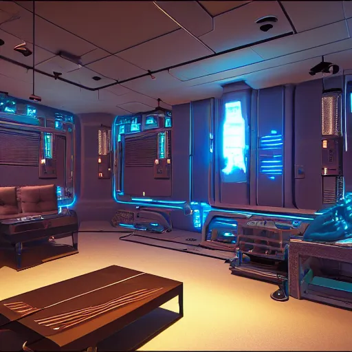 Image similar to Sci fi engine room living room, cybernetic wallpaper, thunderstrike walls, unreal engine 5 tech demo, zillow interior, cool tint, vivid colors, metallic reflective, octane render, Frank Lloyd Wright ((Studio Ghibli))