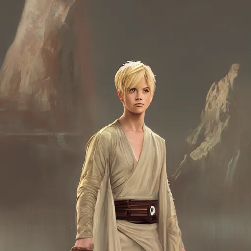 Image similar to a young blonde male jedi with short hair looking away at a threat full body shot concept art by Doug Chiang cinematic concept art, realistic painting, high definition, digital art, matte painting, symmetrical, very detailed, realistic, dramatic lighting, cinematic, establishing shot, extremely high detail, photo realistic, cinematic lighting, post processed, concept art, artstation, matte painting, red color scheme