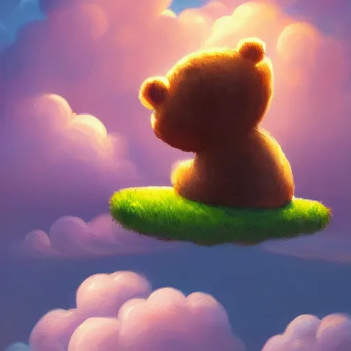 Image similar to a storybook of a teddy bear sleeping in the clouds, a storybook illustration by RHADS and Pu Hua, candy and rainbows, trending on cgsociety, pop surrealism, official art, detailed painting, artstation hd